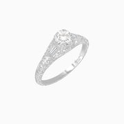 Vintage-Inspired Round Cut Ring with Tapered Diamond Accents and Hand-Engraved Details - Shahin Jewelry